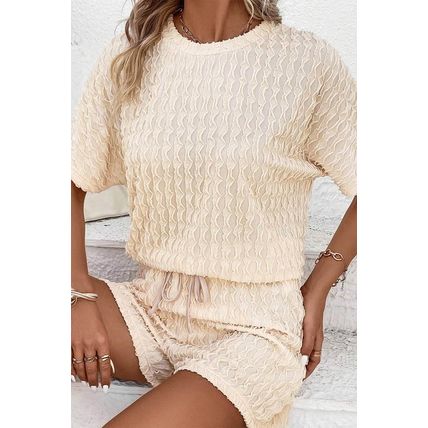 Beige Frill Textured Short Sleeve Top and Drawstring Shorts Set