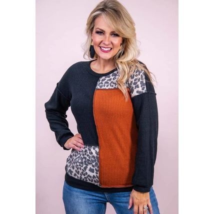 Black Orange Colorblock Leopard Patchwork Waffle Knit Plus Size Top