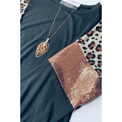 Black Leopard Sequin Patch Plus Size Long Sleeve Top