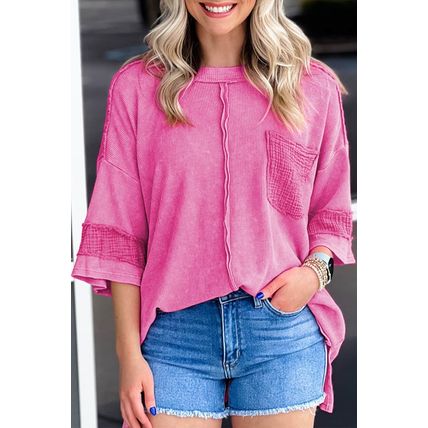 Bright Pink Oversized Mineral Wash Textured Bracelet Sleeve Top