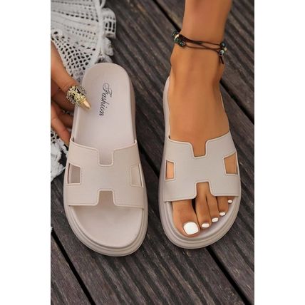 Beige Cutout Design Open Toe Platform Slippers