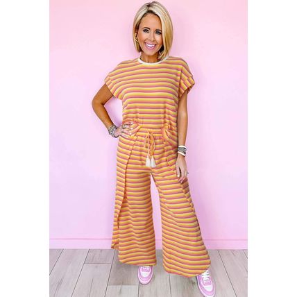 Yellow Stripe Rainbow Tee Tasseled String Wide Leg Pants Set
