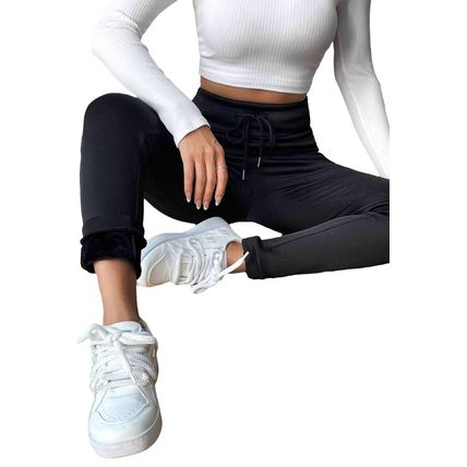 Black Solid Drawstring Waist Thermal Lined Leggings
