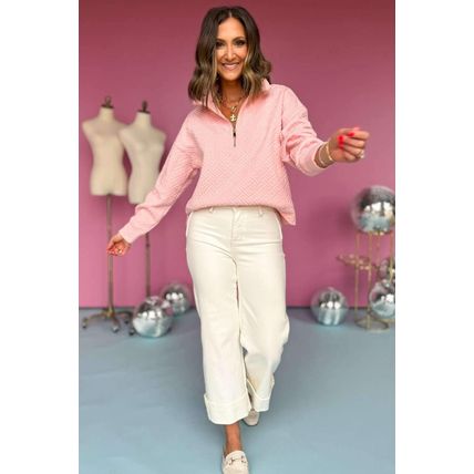 Light Pink Solid Textured Half Zipper Collared Sweatshirt