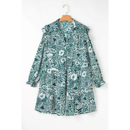 Green Floral Flounce Sleeve Split Neck Plus Size Dress