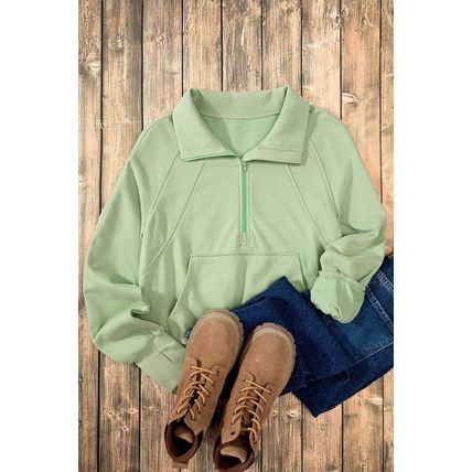Smoke Green Quarter Zip Stand Neck Kangaroo Pocket Sweatshirt