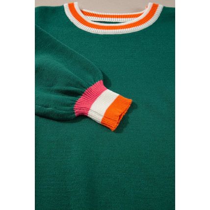 Blackish Green Colorblock Striped Trim Drop Shoulder Sweater