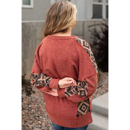Redwood Burl Aztec Patchwork Drop Shoulder Plus Size High Low Sweatshirt
