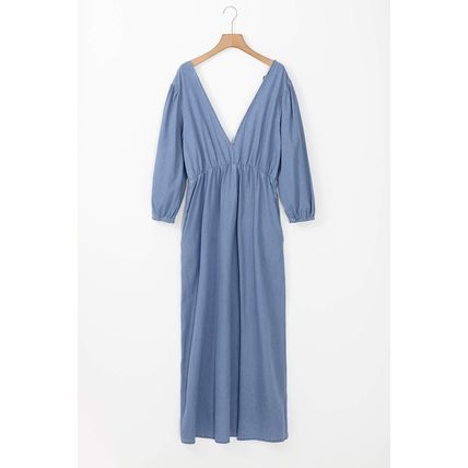 Myosotis Chambray Deep V Neck Bracelet Sleeve Maxi Dress