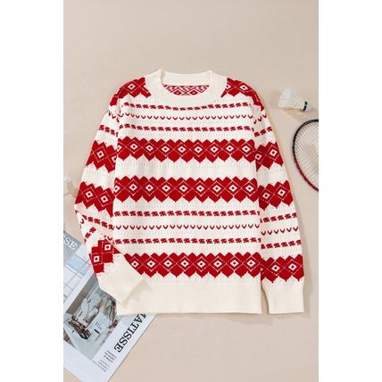 White Western Geometric Patterned Crew Neck Loose Sweater