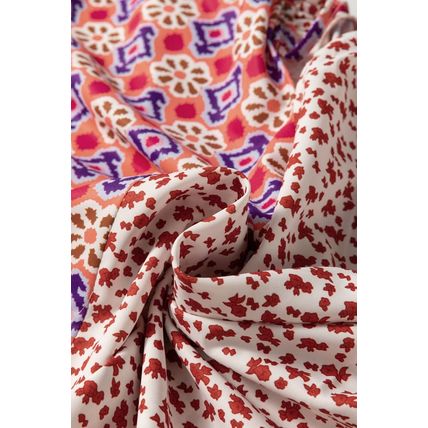 Orange Mixed Floral Printed Long Sleeve Tied V Neck Blouse