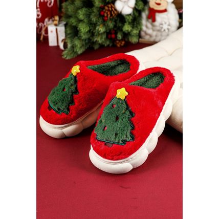 Fiery Red Christmas Tree Graphic Thick Sole Plush Slippers