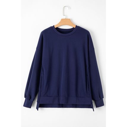 Navy Blue Solid Fleece Lined Drop Shoulder High Low Sweatshirt