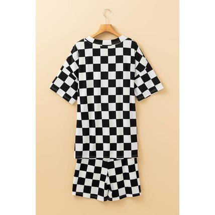 Black Checkerboard Print V Neck Loose Tee and Shorts Lounge Set