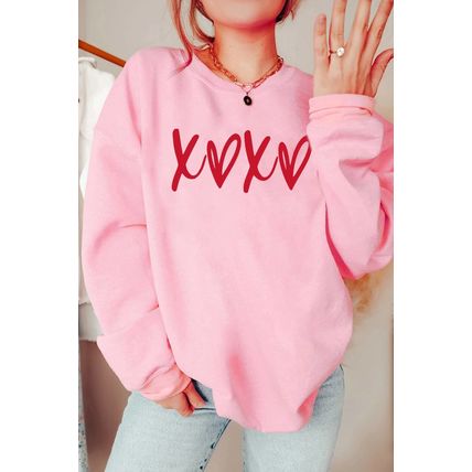 Pink Heart XOXO Graphic Crewneck Drop Shoulder Valentines Sweatshirt