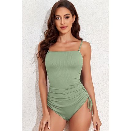 Laurel Green Ribbed Drawstring Sides Cutout One Piece Swimsuit