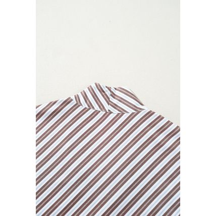 Chestnut Striped Stand V Neck Short Sleeve Blouse
