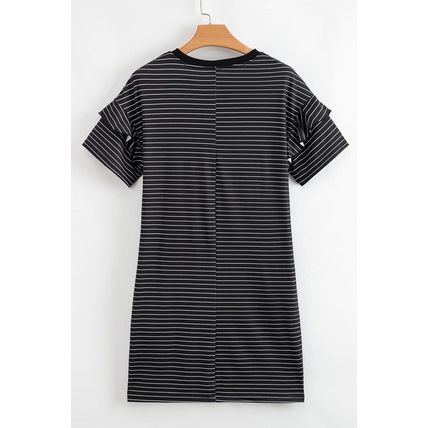 Black Stripe Ruffled Short Sleeve Crew Neck T Shirt Shift Mini Dress