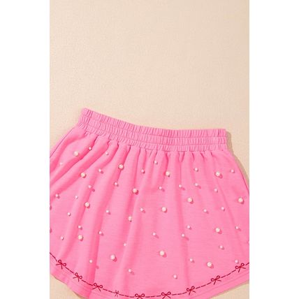 Pink Contrast Bow Trim Pearl Puff Sleeve Blouse and Skort 2pcs Set
