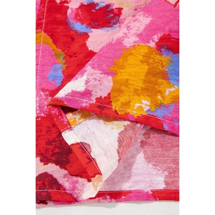 Red Abstract Print Split V Neck Ruffle Short Sleeve Blouse