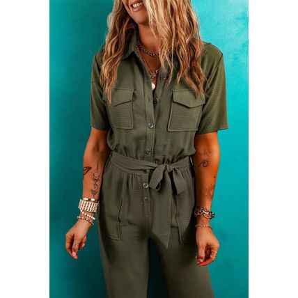 Moss Green Half Button Belted Utility Short Sleeve Jumpsuit