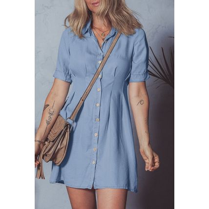 Myosotis Denim Pleated Slim Waist Short Sleeve Shirt Dress