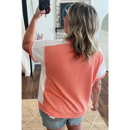 Carrot Twist Rib Colorblock Hi Low Plus Size Short Sleeve Top
