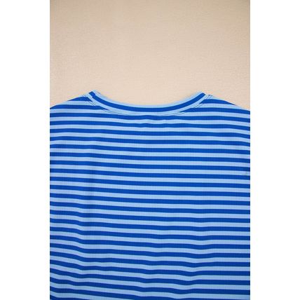 Sky Blue Stripe Ribbed Cap Sleeve Round Neck T Shirt