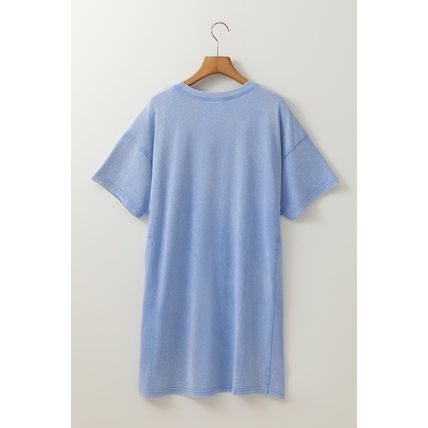 Sky Blue Mineral Wash Flower Patchwork Mini T Shirt Dress