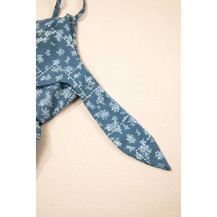 Blue Spaghetti Straps Floral Print Knot Detail High Waist Flared Dress