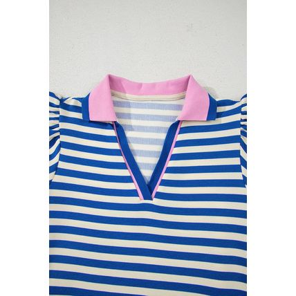 Dark Blue Stripe Print Contrast Collar Split Neck Flutter Sleeve Short Dress