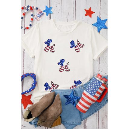 White Sequin Stars and Stripes Balloon Puppy Graphic Crewneck Tee