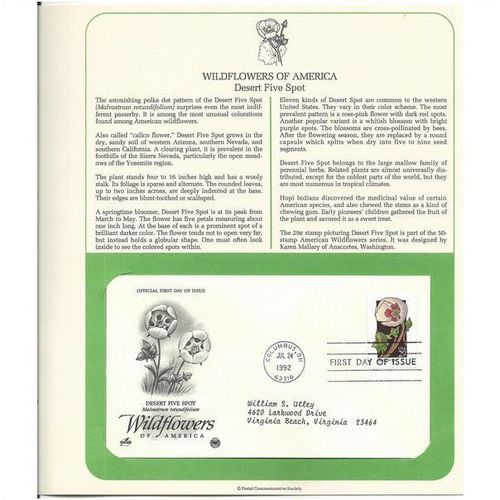 WILDFLOWERS OF AMERICA : DESERT 5 SPOT 'OFFICIAL FIRST DAY of ISSUE ' (1992)