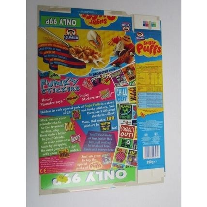 Quaker Sugar Puffs 2001 Cereal Box Funky Sticker 320g Box only