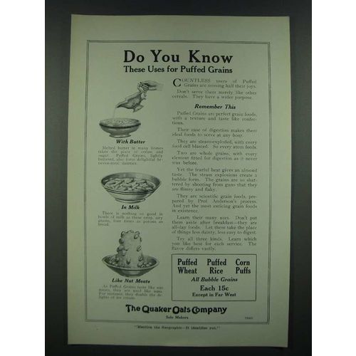 1919 Quaker Oats Puffed Wheat, Rice and Corn Puffs Ad - Do You Know