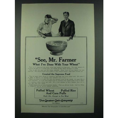 1919 Quaker Oats Puffed Wheat, Rice and Corn Puffs Ad - See, Mr. Farmer