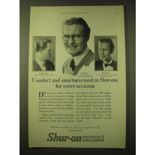 1924 Shur-On Optical Spectacles & Eyeglasses Ad - Comfort and smartness meet