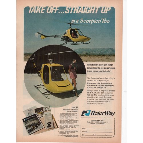 Rotorway Helicoptors Vintage Full Page Print Ad August 1972