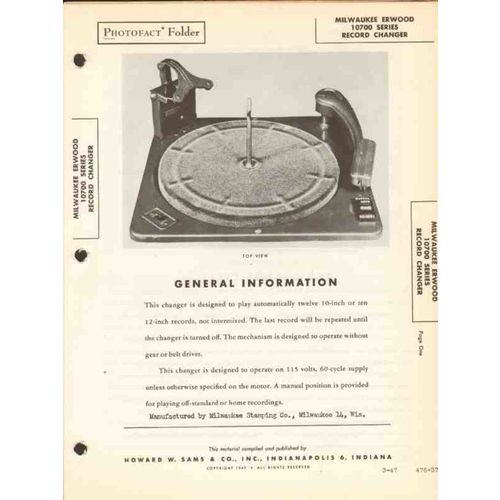 MILWAUKEE ERWOOD model 10700 record changer Sams Photofact manual