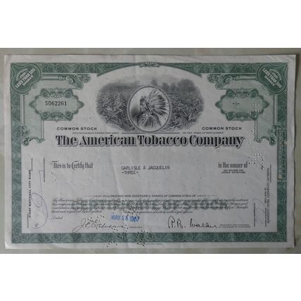 The American Tobacco Company 3 Shares 1967 Stock/Share Certificate Carlisle