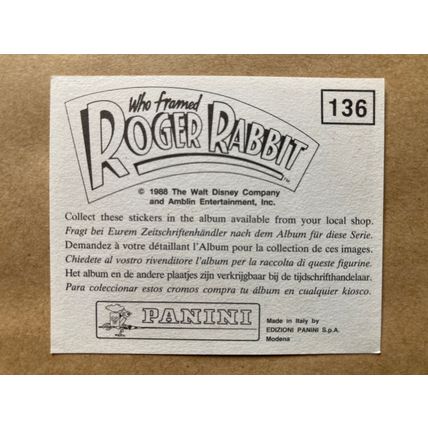Who Framed Roger Rabbit Sticker # 136 (B) unused 1988 Panini Disney