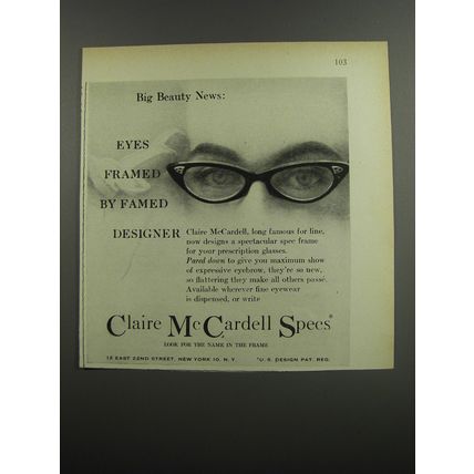 1953 Claire McCardell Specs Ad - Eyes framed by famed designer