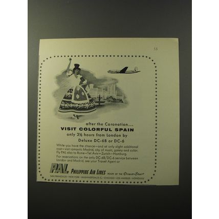 1953 PAL Philippine Air Lines Ad - After the Coronation.. visit colorful spain