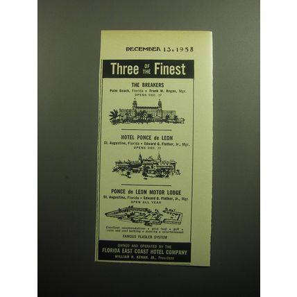 1958 Florida East Coast Hotel Company Ad - The Breakers; Hotel Ponce de Leon