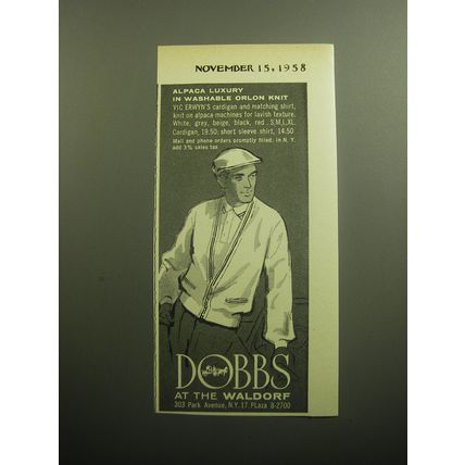 1958 Dobbs at the Waldorf Vic Erwyn Cardigan and Shirt Advertisement
