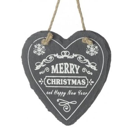 Merry Christmas Hanging Slate Heart Plaque Sign Festive Xmas Decoration