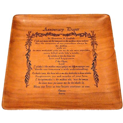 Hawaiian & English Anniversary Prayer Monkey Pod Burnt Carved 12 In. Tray Signed