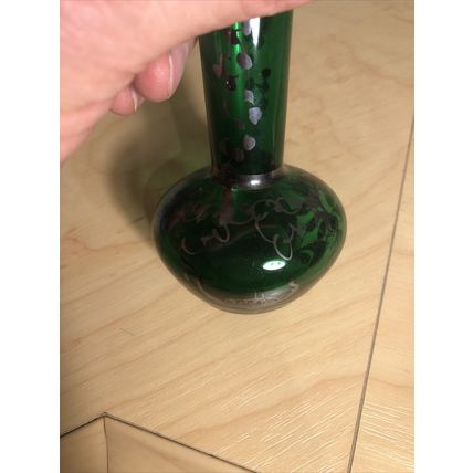 Small Emerald Green Vase With Silver Hand Painted Overlay. Vintage