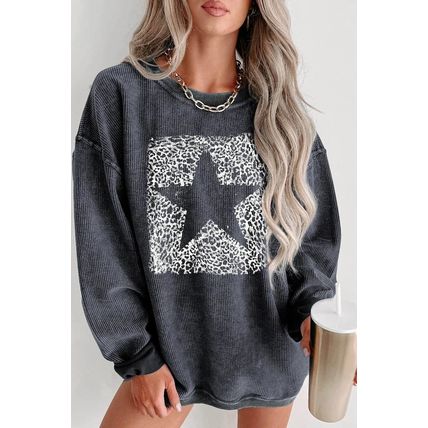 Gray Leopard Star Graphic Corded Sweatshirt
