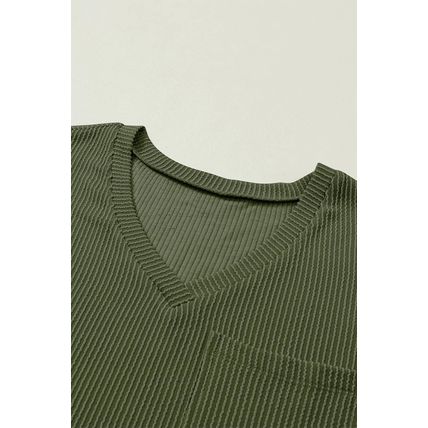 Jungle Green Corded V Neck Chest Pocket Loose T-shirt